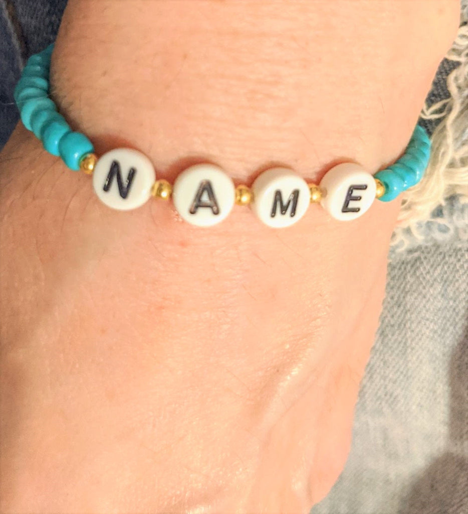 Personalized Turquoise Glass and Sterling Silver Beaded Bracelet Choose Elastic or Cord
