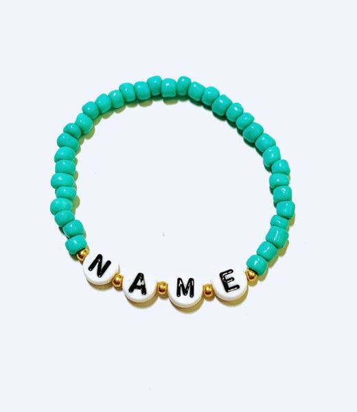 Personalized Turquoise Glass and Sterling Silver Beaded Bracelet Choose Elastic or Cord