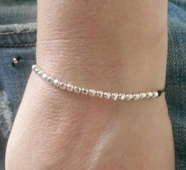 Small Minimalist Dainty Beaded Bracelet Adjustable Sterling Silver