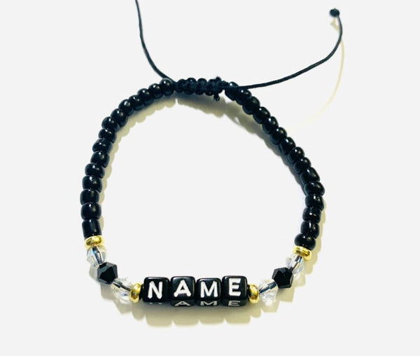 Personalized Bead Bracelet Word Bracelet Camp Bracelet Black and Crystal Beads