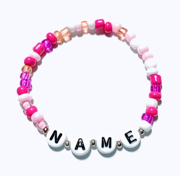 Personalized Pink Glass and  Sterling Silver Beaded Bracelet Choose Elastic or Cord