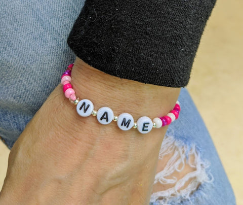 Personalized Pink Glass and  Sterling Silver Beaded Bracelet Choose Elastic or Cord