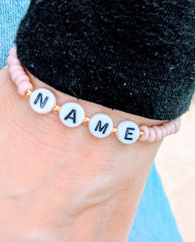 Personalized Pink Glass and Sterling Silver Beaded  Bracelet Choose Elastic or Cord